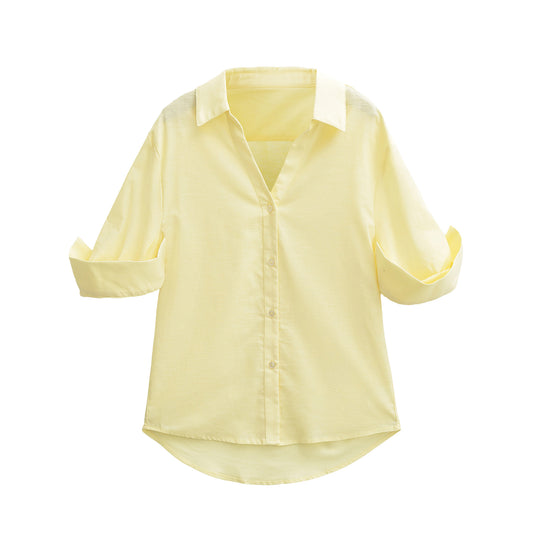 Damen Leichte Oversize Leinenoptik-Bluse mit Kentkragen und krempelbaren Ärmeln Nord Taschen