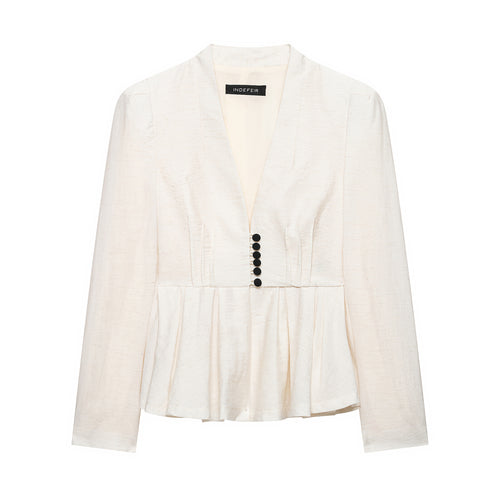 Damen Taillierte Blazerjacke mit tiefem V-Ausschnitt, Plissée‑Peplum und dekorischer Knopfleiste Nord Taschen