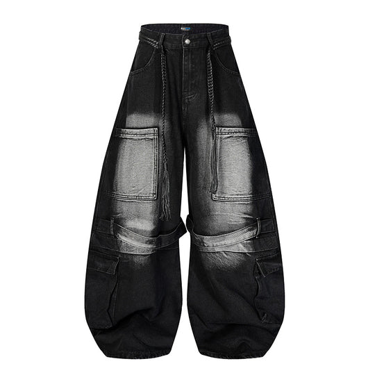 Damen Weite Denim-Cargo-Hose im Balloon-Schnitt mit großen Aufsatztaschen und geflochtenem Gürtel Nord Taschen