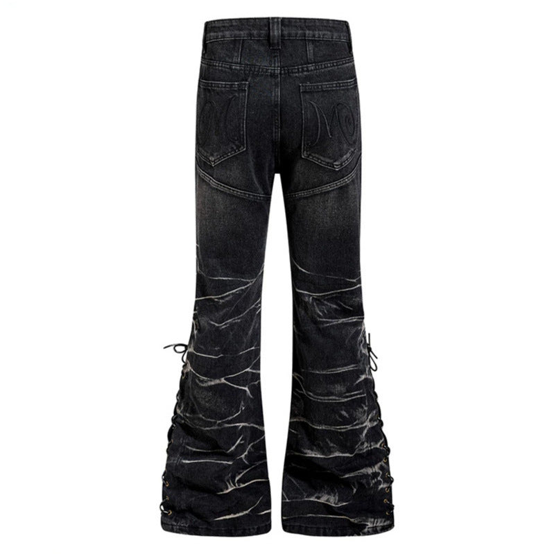 Damen hochgeschnittene ausgestellte Jeanshose mit Knopfleiste und seitlichen Schnürungen Nord Taschen