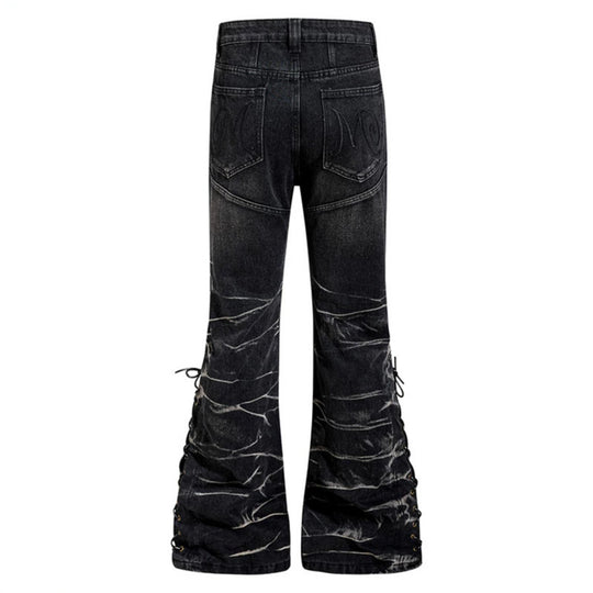 Damen hochgeschnittene ausgestellte Jeanshose mit Knopfleiste und seitlichen Schnürungen Nord Taschen