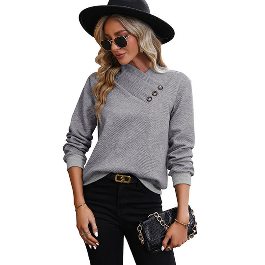Damen Strukturierter V-Ausschnitt-Pullover mit diagonaler Zierknopfleiste und taillierter Passform Nord Taschen