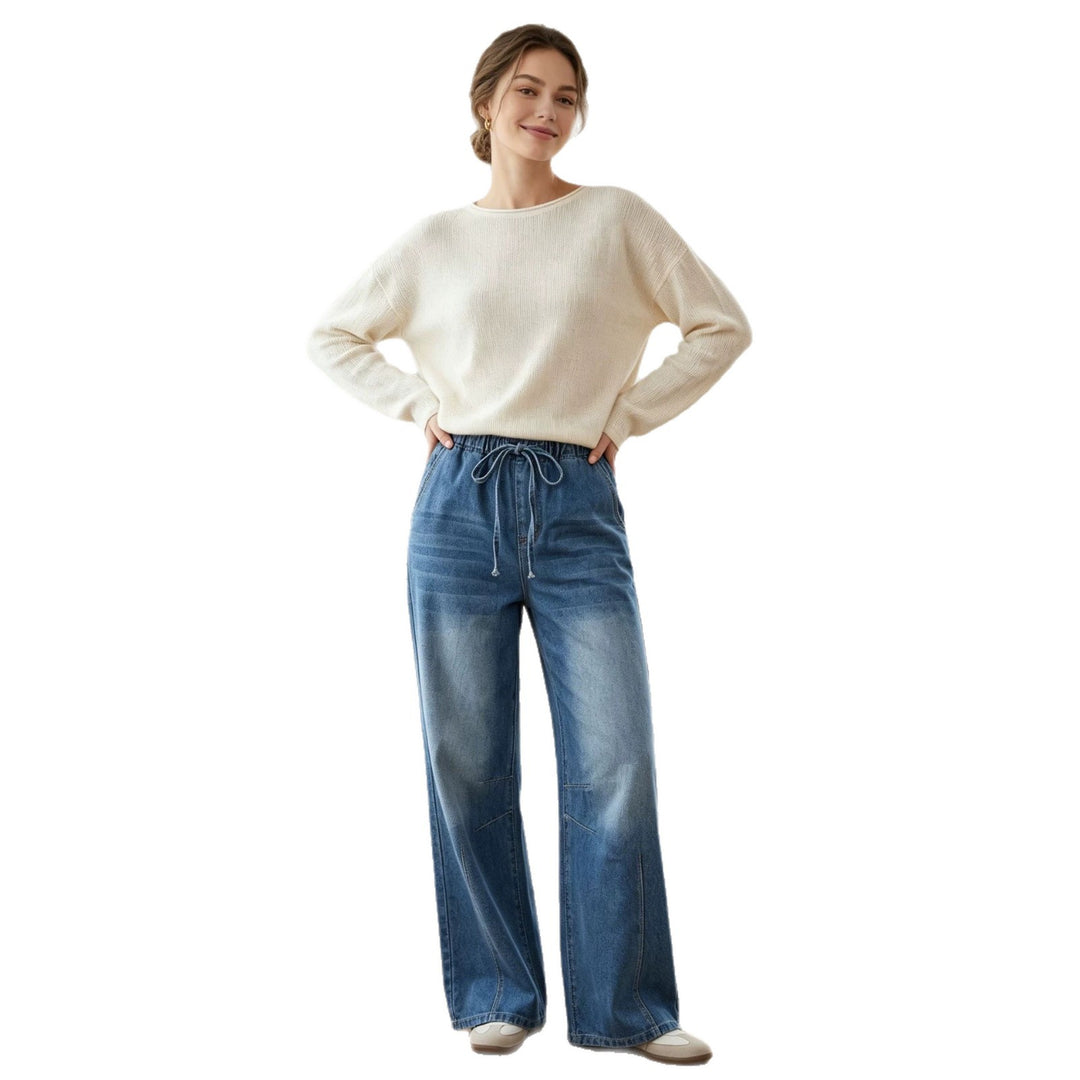 Damen Relaxed-Fit Denim-Hose mit elastischem Tunnelzugbund, dezentem Used-Effekt und weitem Bein Nord Taschen