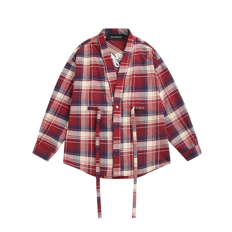 Damen Oversize Karo-Hemdjacke mit Kimono‑Schnitt, Tunnelzugbändern und aufgesetzten Taschen Nord Taschen