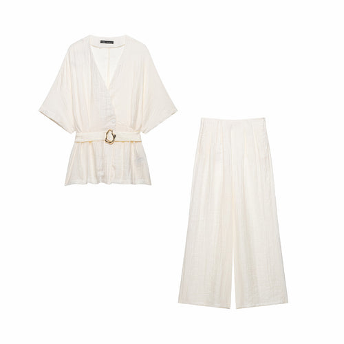 Damen Zweiteiliges Leinenoptik-Set mit Kimono-Oberteil und weiter hochtaillierter Hose Nord Taschen
