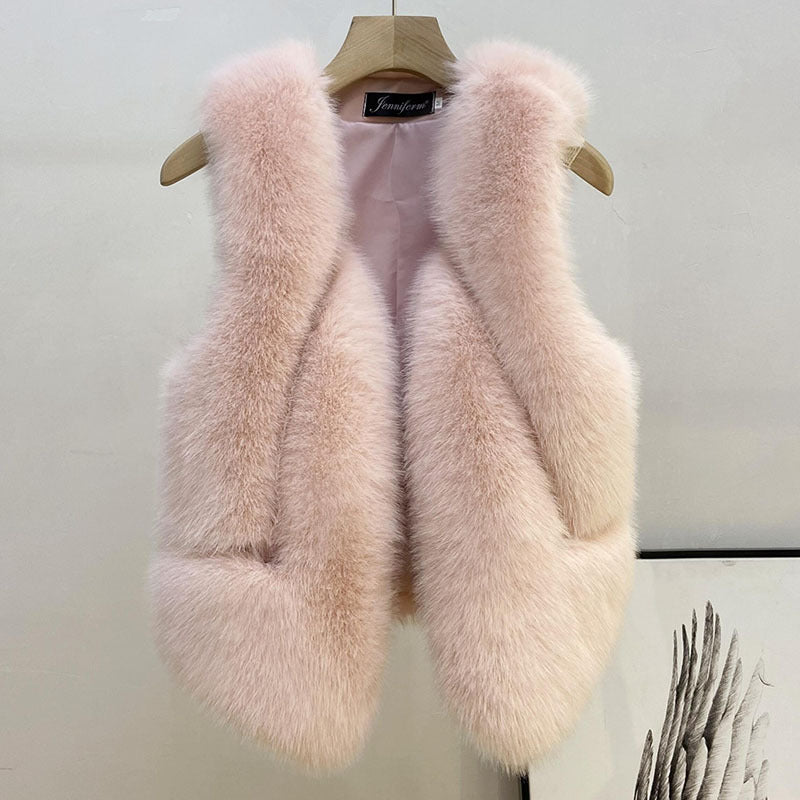 Damen Ärmellose Hochflor-Faux-Fur-Weste mit taillierter Passform und Eingrifftaschen Nord Taschen
