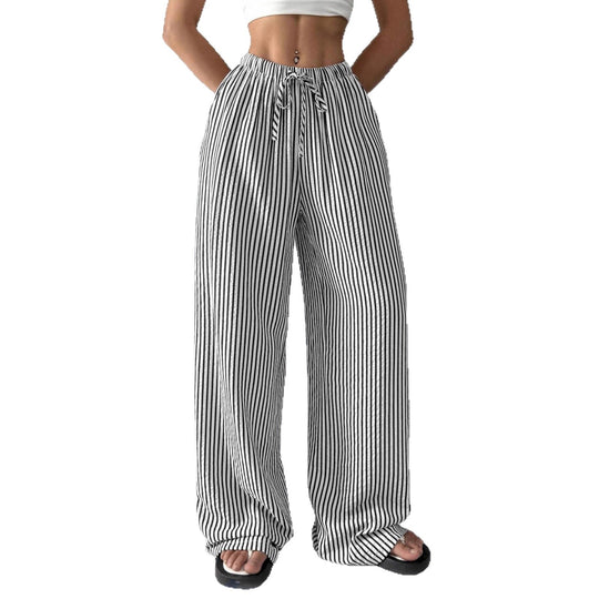 Damen Weite Highwaist-Hose mit Tunnelzug Streifen-Leinenoptik und Eingrifftaschen Nord Taschen