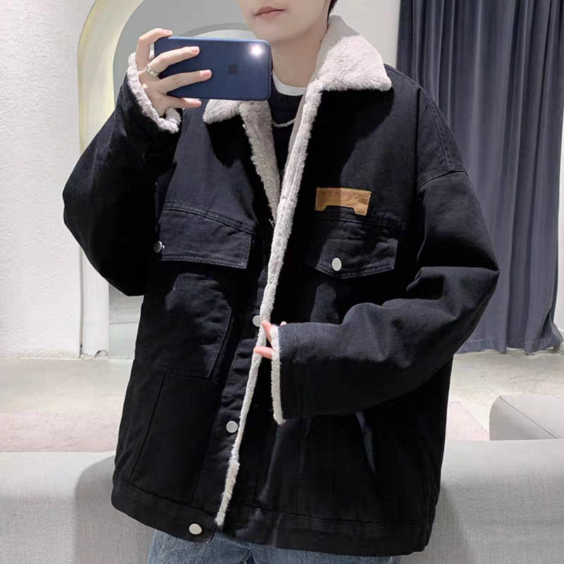 Herren Gefütterte Oversized Denimjacke mit Teddyfutter und Pattentaschen Nord Taschen