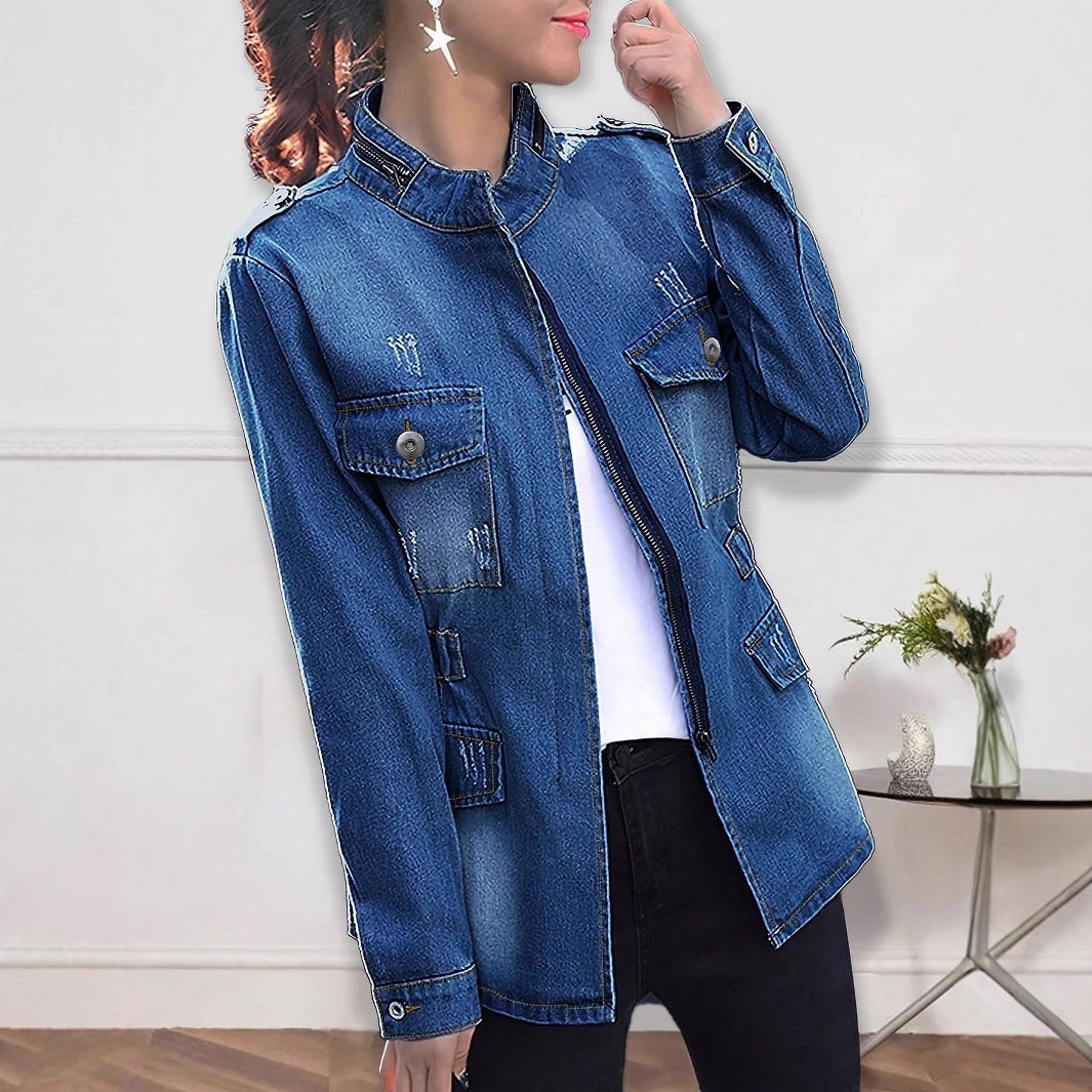 Damen taillierte Denim-Jacke im Military-Style mit Stehkragen und Pattentaschen Nord Taschen