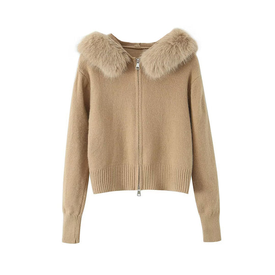 Damen Kurzgeschnittene Strickjacke mit Reißverschluss und abnehmbarem Kunstfellkragen Nord Taschen