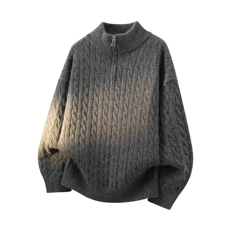 Damen Grobgestrickter Half-Zip Pullover mit Zopfmuster und Stehkragen Nord Taschen