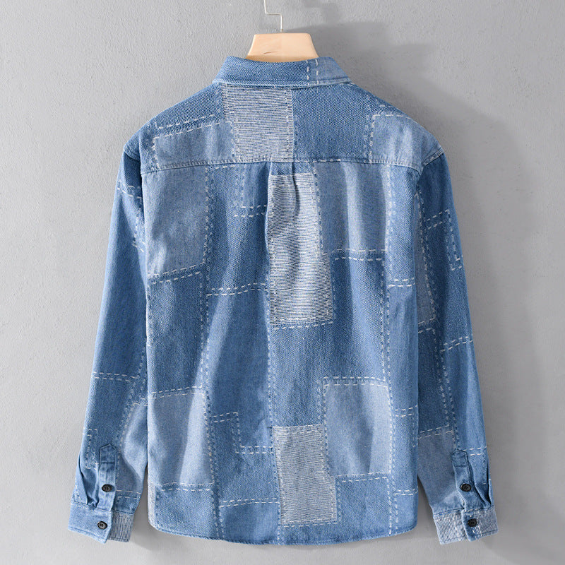 Herren Patchwork-Hemdjacke aus strukturiertem Denim mit sichtbarer Naht und Brusttasche Nord Taschen