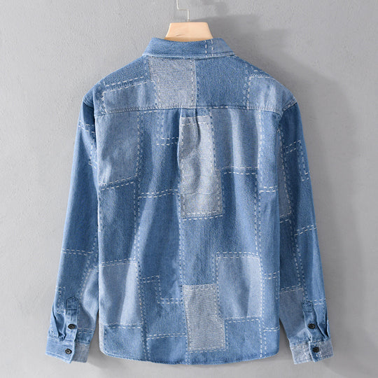 Herren Patchwork-Hemdjacke aus strukturiertem Denim mit sichtbarer Naht und Brusttasche Nord Taschen