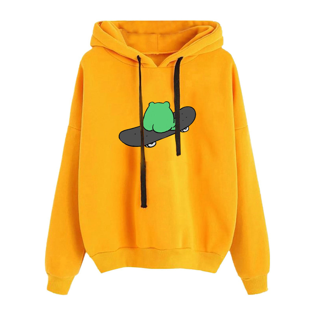 Damen nan kurz geschnittener Cropped-Kapuzenpullover mit niedlicher Frosch-Illustration und verstellbarer Kapuze Nord Taschen