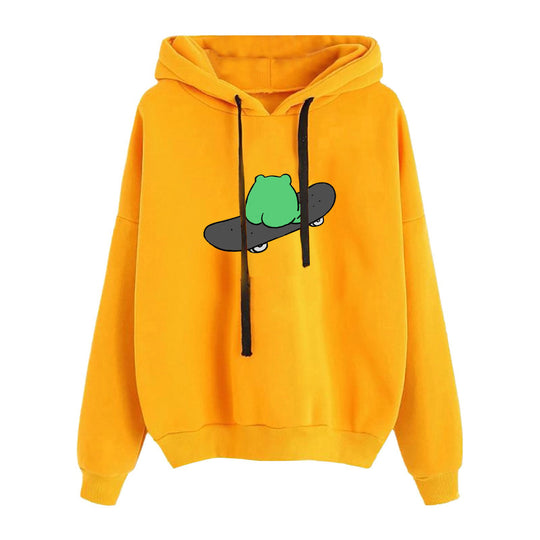 Damen nan kurz geschnittener Cropped-Kapuzenpullover mit niedlicher Frosch-Illustration und verstellbarer Kapuze Nord Taschen