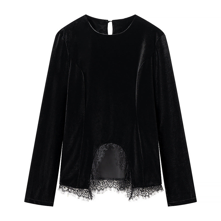 Damen Samt-Langarmshirt mit Spitzenbesatz und gewölbtem Saum Nord Taschen