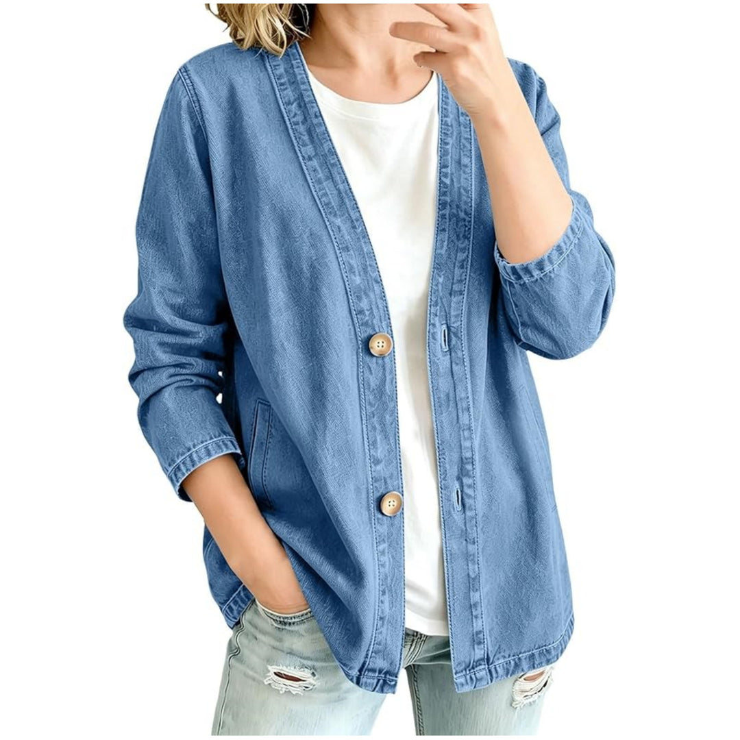 Damen Oversize Jeansjacke im Kimono-Stil mit Holzknöpfen Nord Taschen