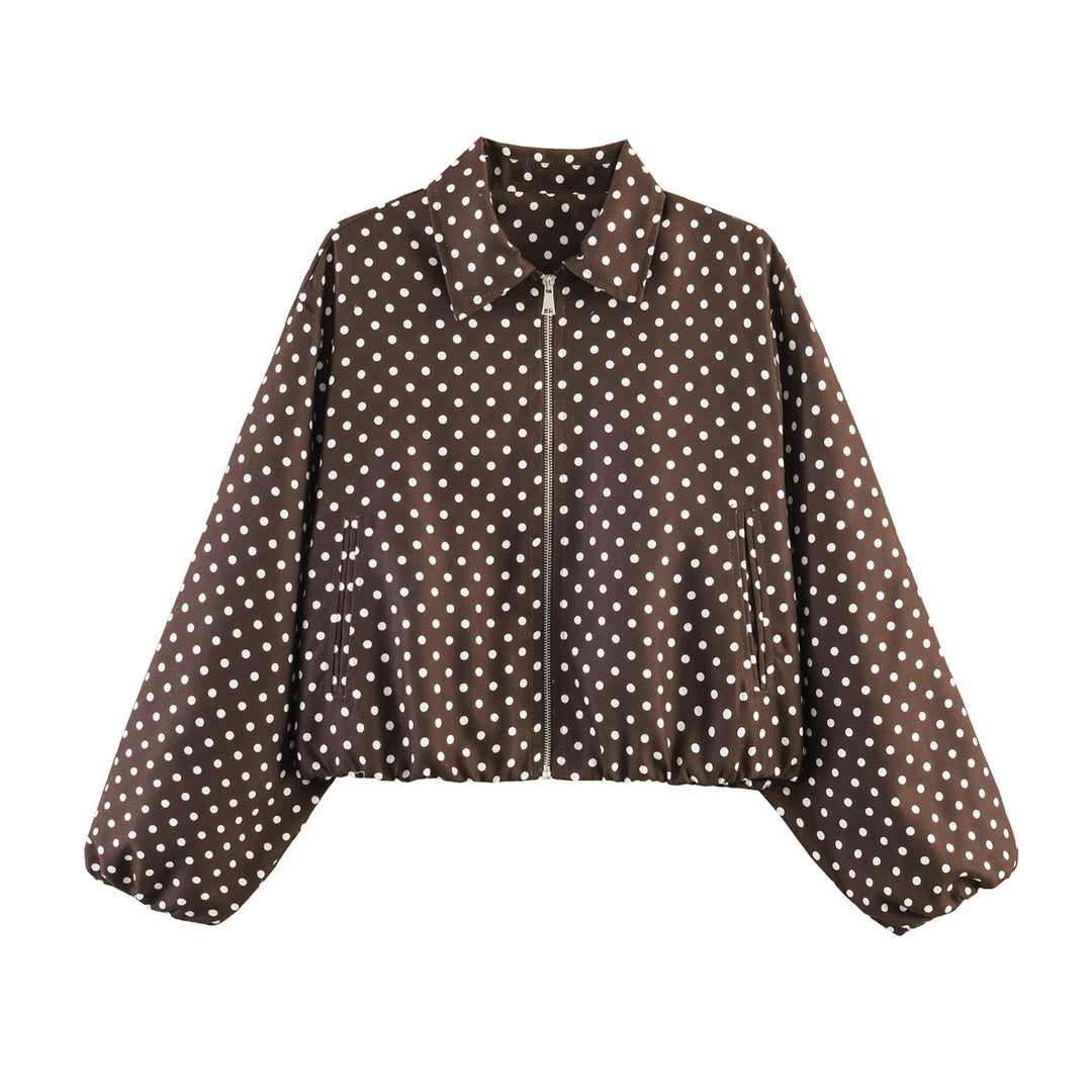 Damen Kurzjacke im Harrington‑Stil mit Polka‑Dot‑Muster, Ballonärmeln und elastischem Saum Nord Taschen