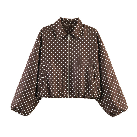Damen Kurzjacke im Harrington‑Stil mit Polka‑Dot‑Muster, Ballonärmeln und elastischem Saum Nord Taschen