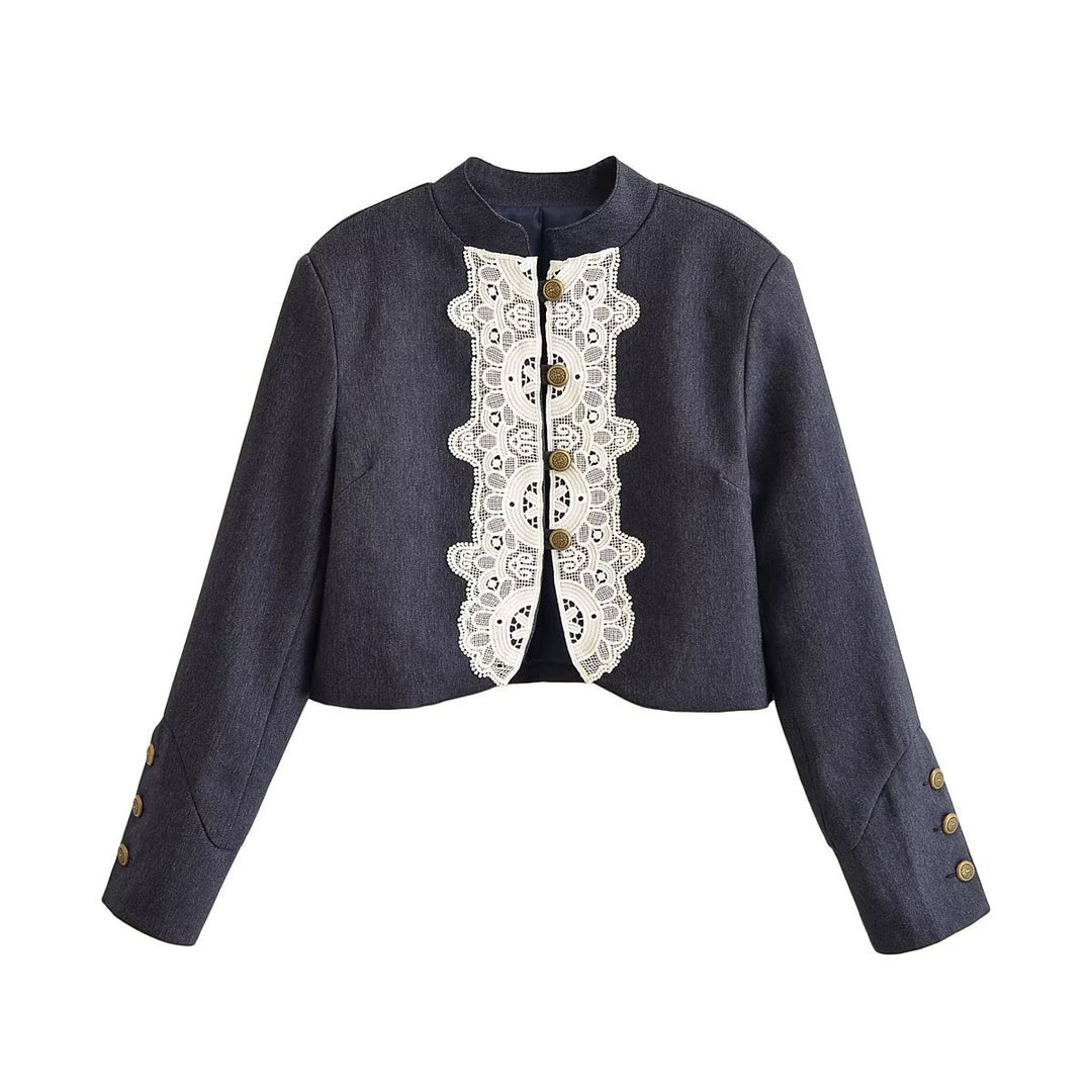 Damen Cropped‑Blazer im Bolero‑Stil mit Spitzenbordüre und Zierknöpfen Nord Taschen