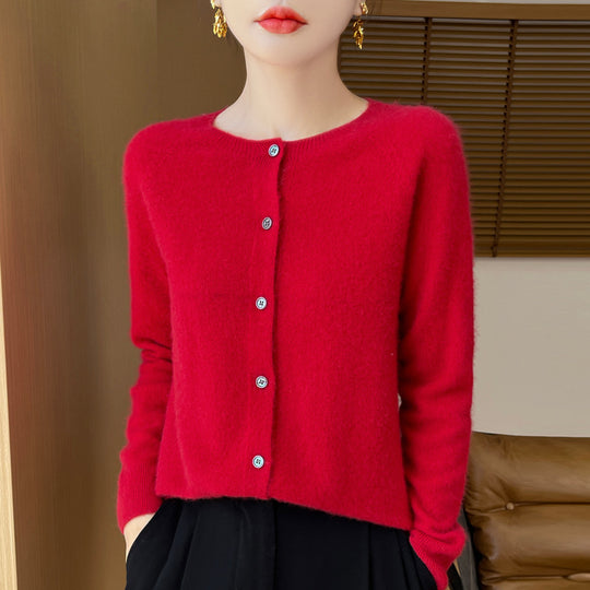 Damen Kuscheliger Kurzcardigan aus Mohair‑Mix mit feiner Schurwollstruktur und Perlmuttknopfleiste Nord Taschen