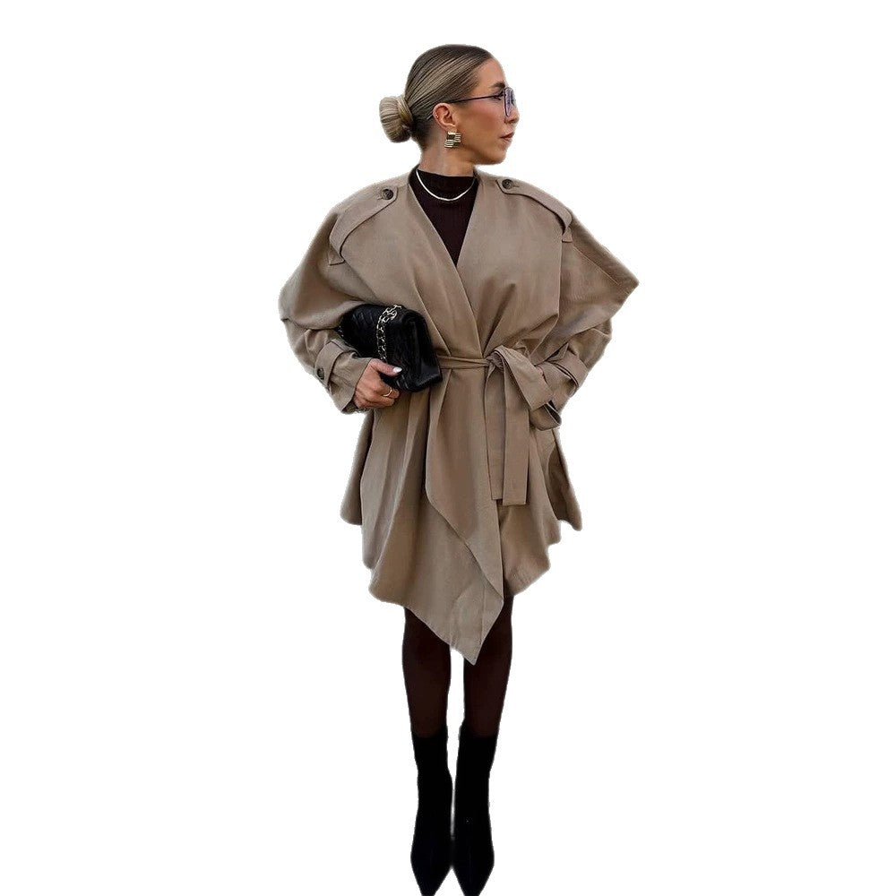 Damen Kurzer Asymmetrischer Wickelmantel mit Volant-Overlay und Bindegürtel Nord Taschen