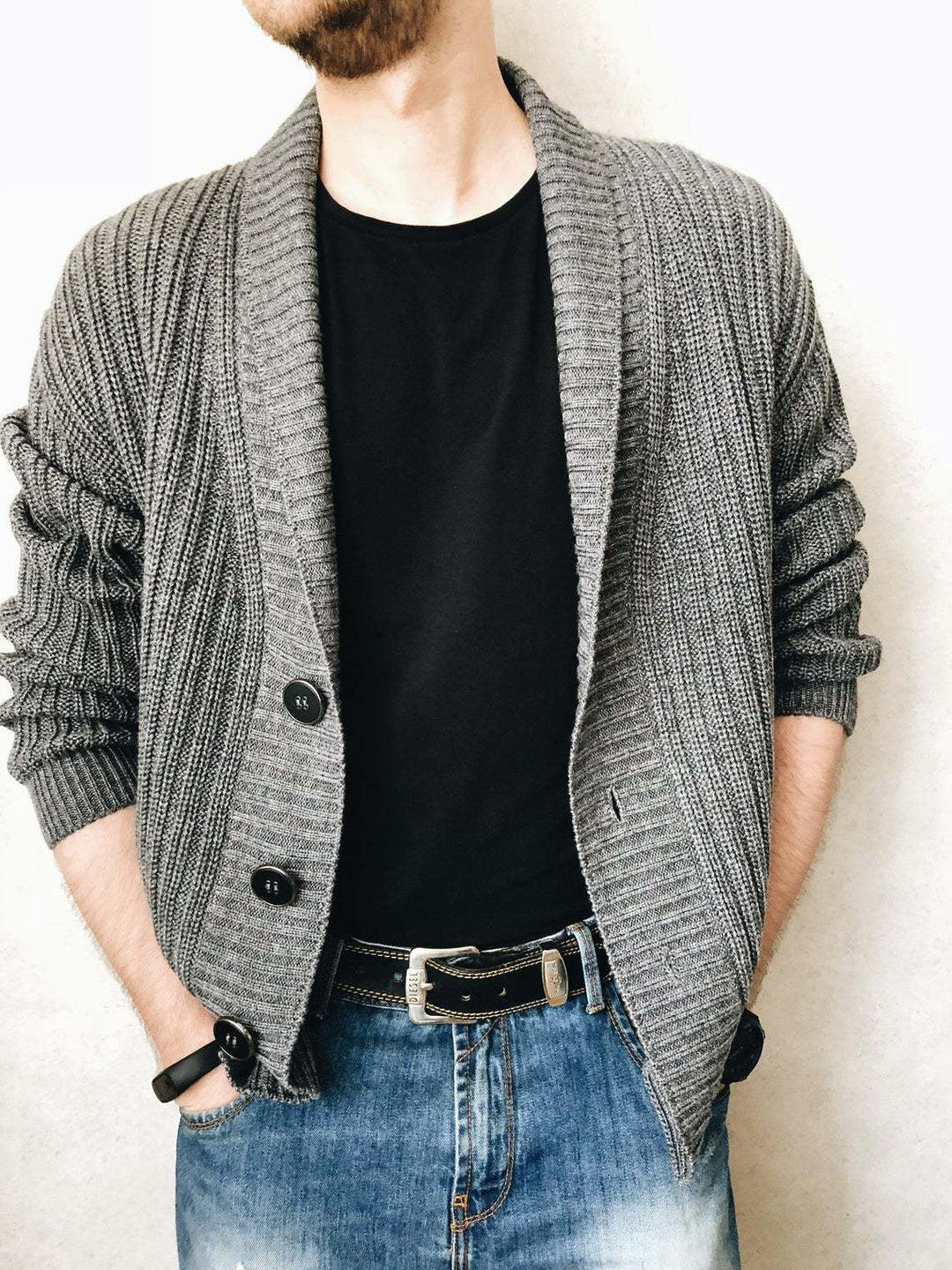 Herren Strickcardigan mit Schalkragen und Knopfleiste Nord Taschen
