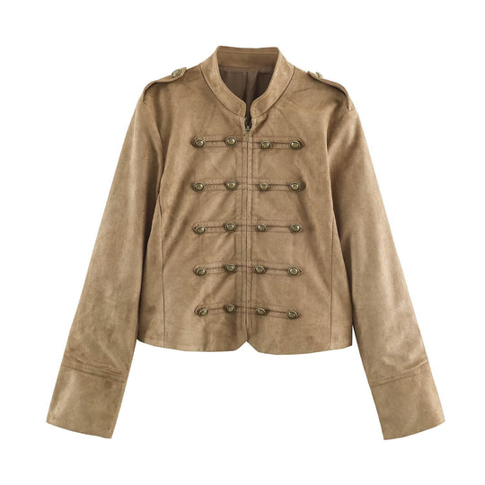 Damen kurz geschnittene Kavallerie-Jacke aus Wildlederoptik mit Zierknopfleiste und Schulterpatten Nord Taschen