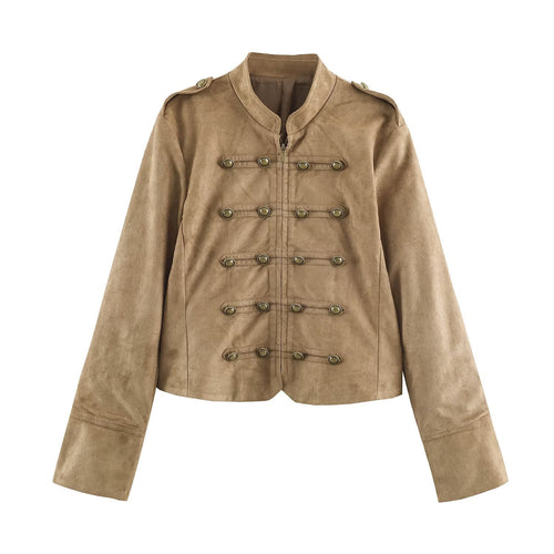 Damen kurz geschnittene Kavallerie-Jacke aus Wildlederoptik mit Zierknopfleiste und Schulterpatten Nord Taschen