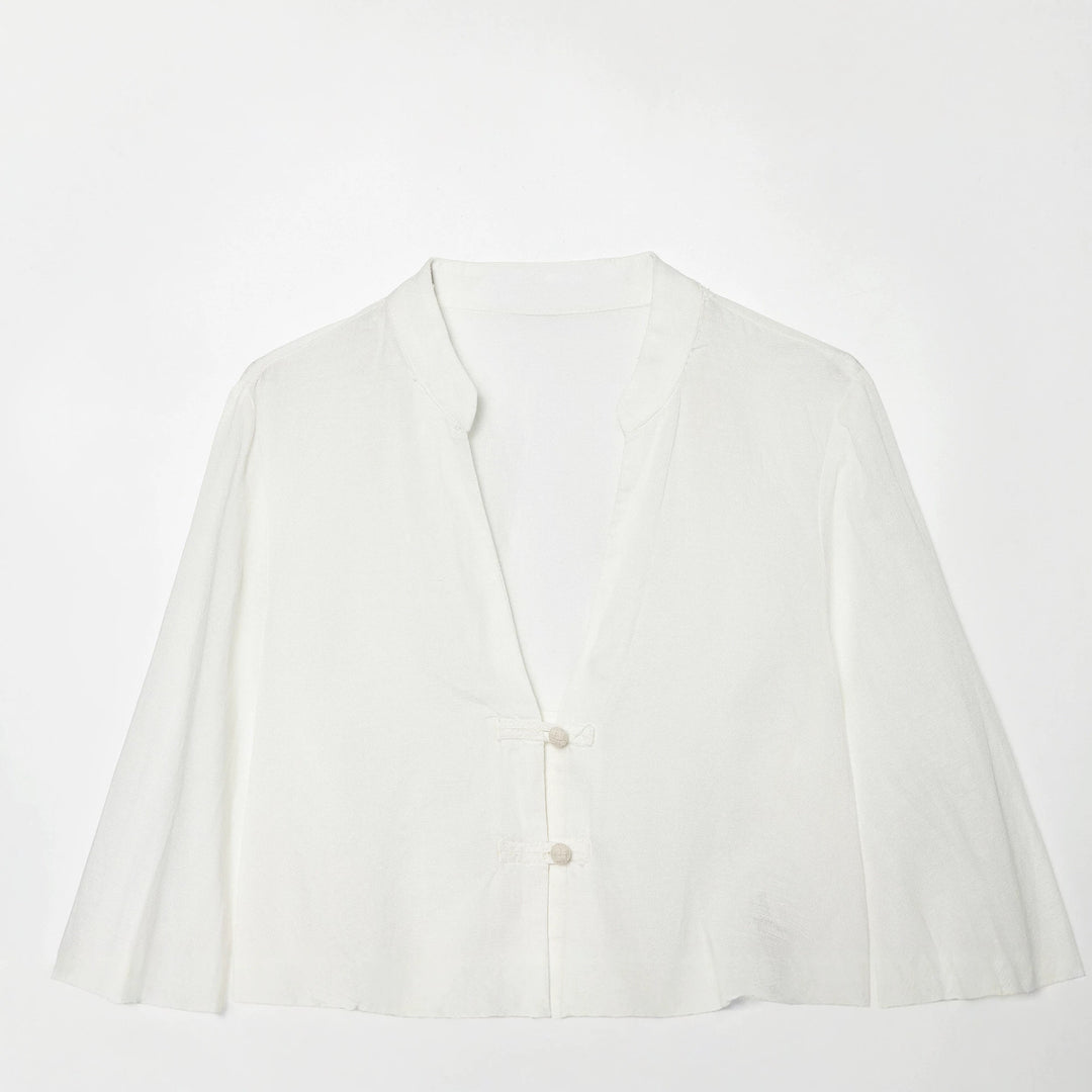 Damen Cropped-Bluse im Tai-Chi-Stil mit Stehkragen, Knotenverschlüssen und Ballonärmeln Nord Taschen