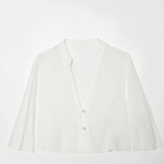 Damen Cropped-Bluse im Tai-Chi-Stil mit Stehkragen, Knotenverschlüssen und Ballonärmeln Nord Taschen