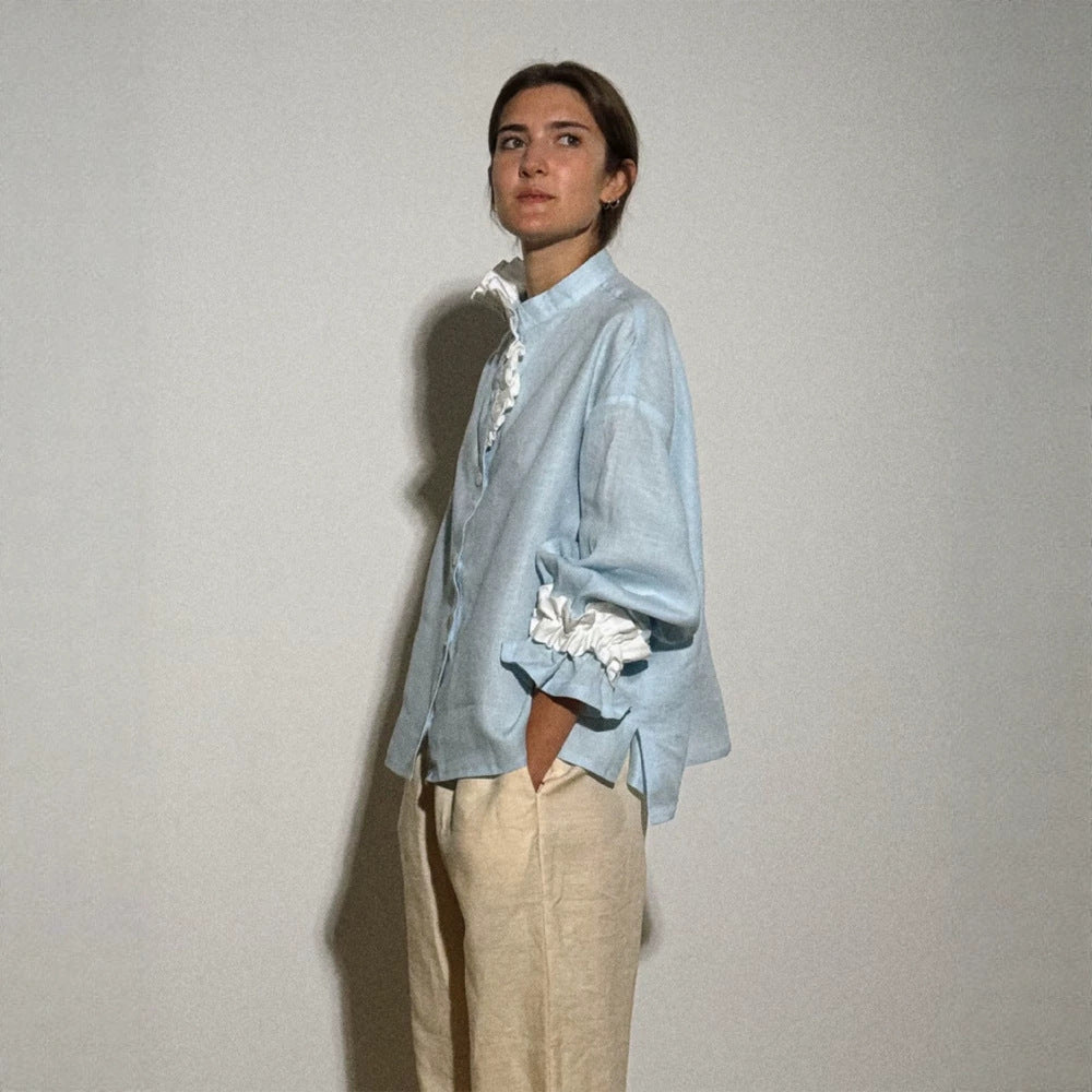 Damen Leichte Leinenbluse mit Stehkragen, oversizeder Silhouette und gerafften Manschetten Nord Taschen
