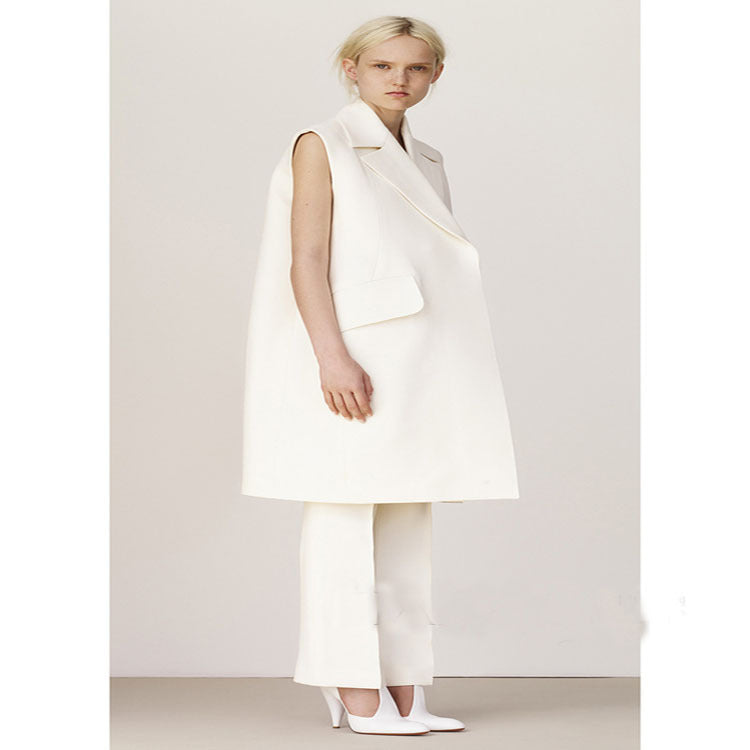 Damen Ärmellose A-Linien Longweste im Oversized Tailoring mit Schalkragen Nord Taschen