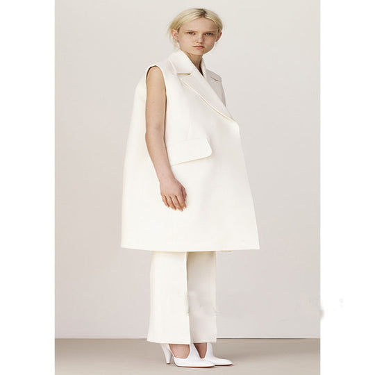 Damen Ärmellose A-Linien Longweste im Oversized Tailoring mit Schalkragen Nord Taschen