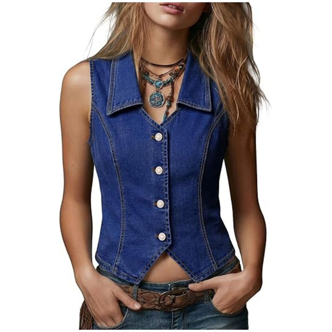 Damen Taillierte Jeansweste mit spitzem Saum und Knopfleiste Nord Taschen