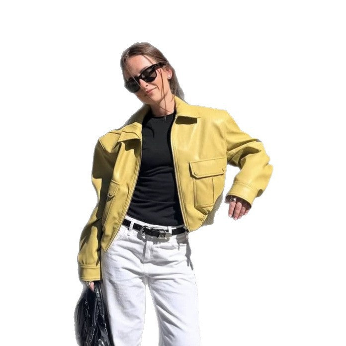 Damen kurze boxy Lederimitat-Jacke mit aufgesetzten Pattentaschen und Reißverschluss Nord Taschen