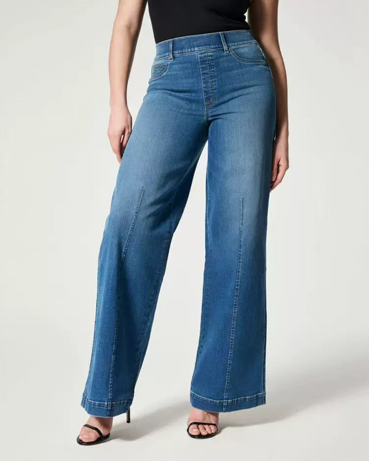 Damen Hochtaillierte Weitgeschnittene Jeanshose mit geradem Bein Nord Taschen