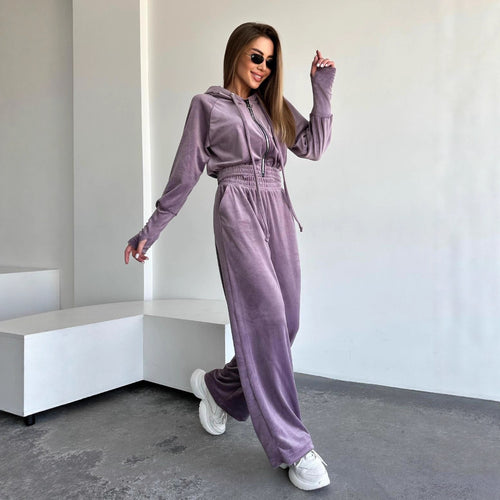 Damen Velours-Lounge-Set mit Cropped Kapuzenjacke und High-Waist weitem Bein Nord Taschen