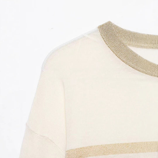 Damen Leichter gestreifter Feinstrickpullover mit metallischem Lurex‑Streifen und Rundhals Nord Taschen