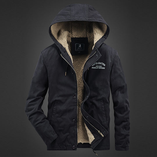 Herren Canvas-Kapuzenjacke mit Sherpa‑Fütterung, verdecktem Zweiwege‑Reißverschluss und Utility‑Details Nord Taschen