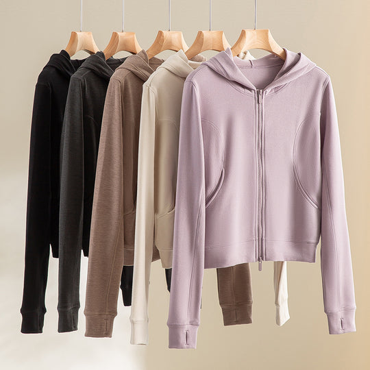 Damen Cropped Kapuzenjacke mit Reißverschluss und konturierten Eingrifftaschen Nord Taschen