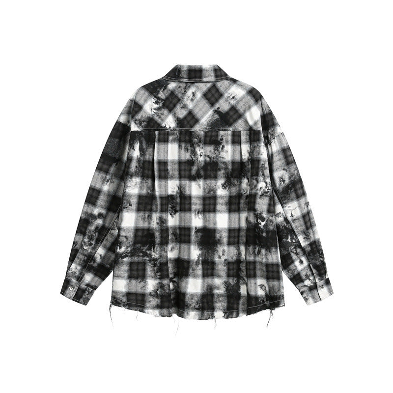 Herren Oversize-Karo-Hemdjacke mit ausgefranstem Saum und Brust-Reißverschlusstasche Nord Taschen