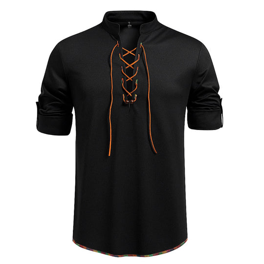Herren Lässiges Baumwoll-Langarmshirt mit Schnürung, Stehkragen und aufkrempelbaren Ärmeln Nord Taschen