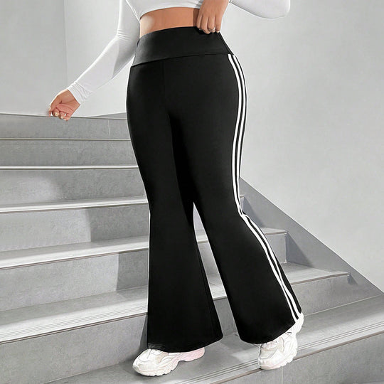 Damen Sportliche Flared Leggings mit elastischem hohen Bund und seitlichen Streifen Nord Taschen