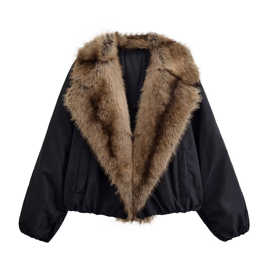 Damen Kurze gesteppte Bomberjacke mit voluminösem Faux-Fur-Schalkragen Nord Taschen