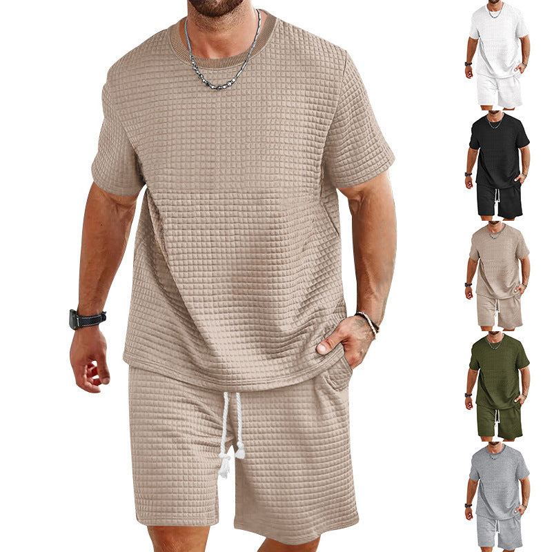 Herren nan leichter Freizeit-Zweiteiler in Waffelstruktur mit Rundhals-T-Shirt und komfortablen Shorts