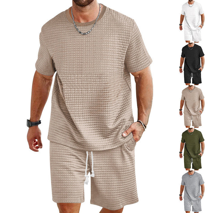 Herren nan leichter Freizeit-Zweiteiler in Waffelstruktur mit Rundhals-T-Shirt und komfortablen Shorts