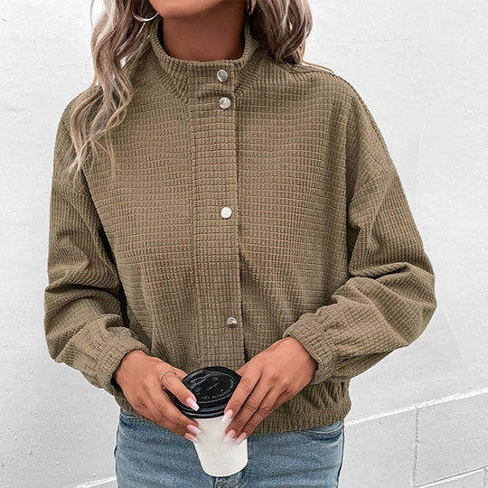 Damen Kurzgeschnittene Waffelstruktur-Übergangsjacke mit Reißverschluss, Stehkragen und elastischen Bündchen Nord Taschen