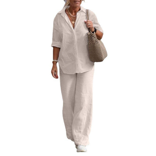 Damen Leichtes Leinen-Loungewear-Set mit offenem Hemdkragen und weiter Palazzohose Nord Taschen