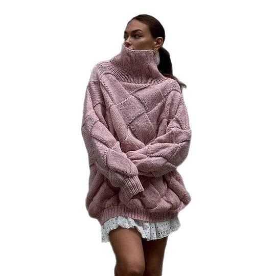 Damen Oversize Strickpullover mit Rollkragen, Zopfmuster und voluminösen Ballonärmeln Nord Taschen